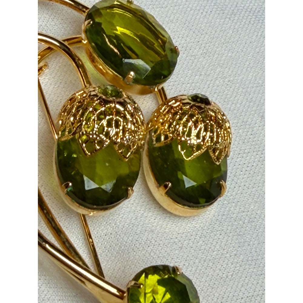 Vintage Sarah Coventry Gold Tone Olive Green Glass Stone Spray Brooch Pin - Picture 9 of 9